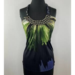 SKY Black Multi Abstract Silk Braided Halter Beaded Sleeveless Top VTG Y2K XS